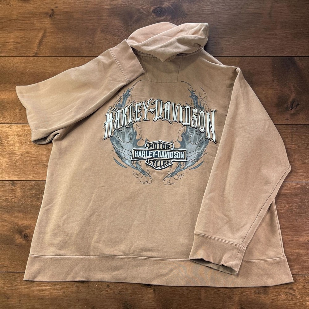 Harley Davidson Mens XL Zip Distressed Hoodie Tan Wings Back Bar Shield Biker